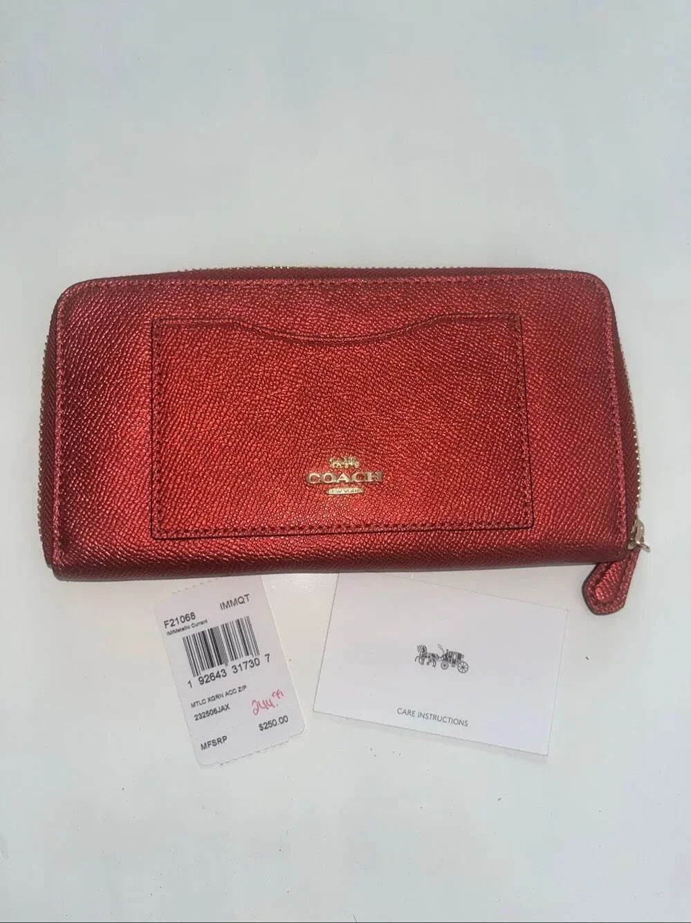 NWT COACH F54007 ACCORDION ZIP WALLET IN CROSSGRAIN LEATHER metallic
